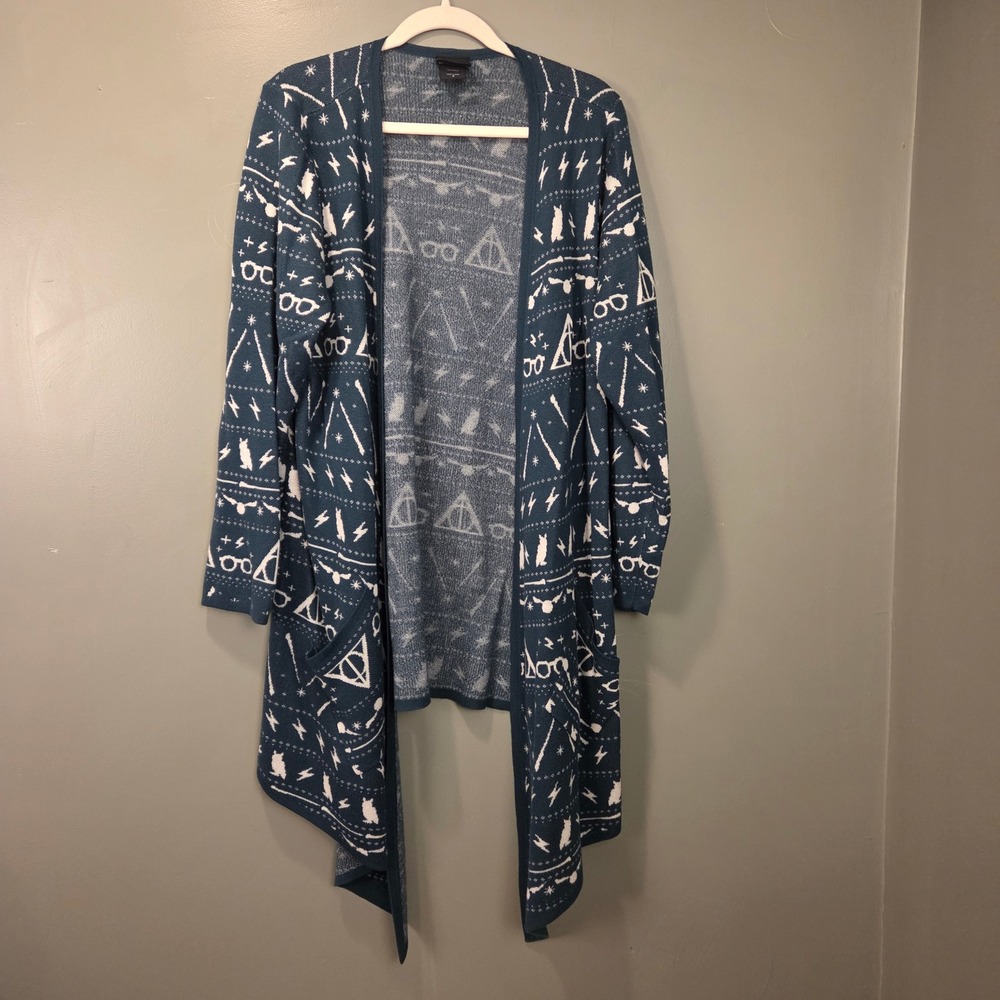 Harry Potter Fair Isle Holiday Waterfall‎ Open Front Cardigan Long Sleeves, Teal